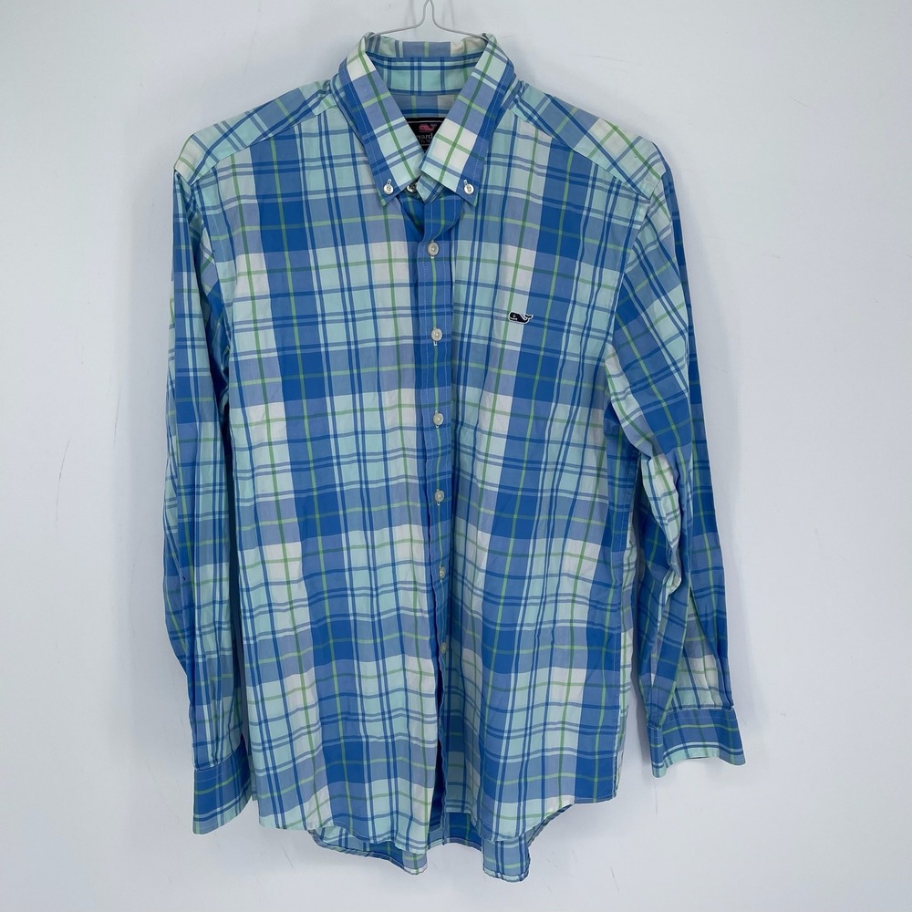 Vineyard Vines Men's Blue Plaid Slim Fit Whale Shirt Size Large